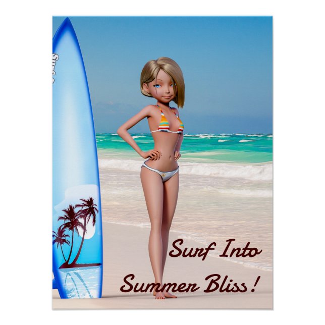 Toon Surfer Girl Posing on the Seashore Poster (Front)