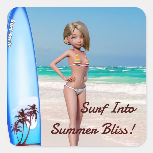 Toon Surfer Girl Posing on the Seashore Square Sticker (Front)