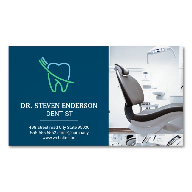 Tooth and Brush Logo | Dental Office Chair Magnetic Business Card (Front)