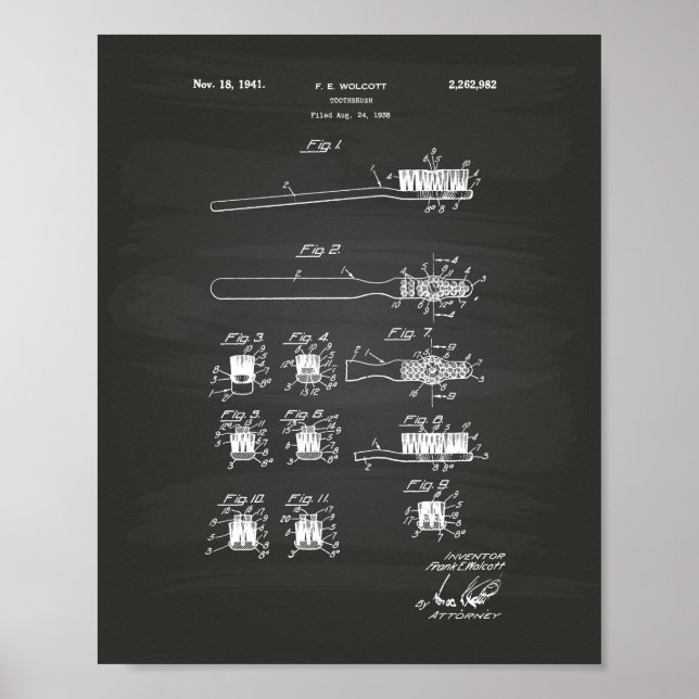 Tooth Brush 1941 Patent Art Chalkboard Poster (Front)