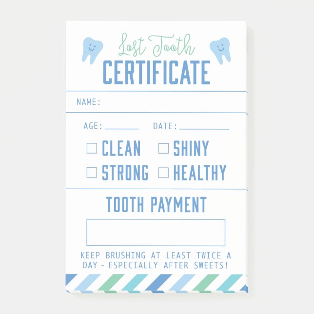 Tooth Fairy Keepsake Certificate Boy Post-it Notes (Front)