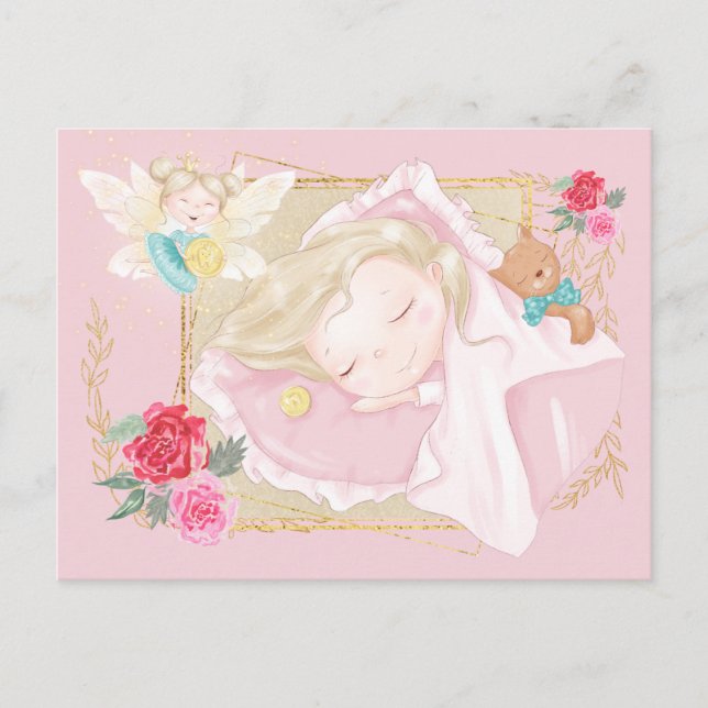 Tooth fairy letter cute girl sleeping pillow coin postcard (Front)