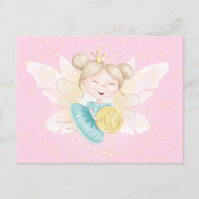 Tooth fairy letter princess with gold coin pink postcard (Front)
