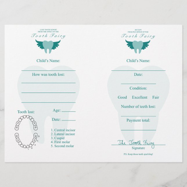 Tooth Fairy Letter & Receipt Teal (Front)