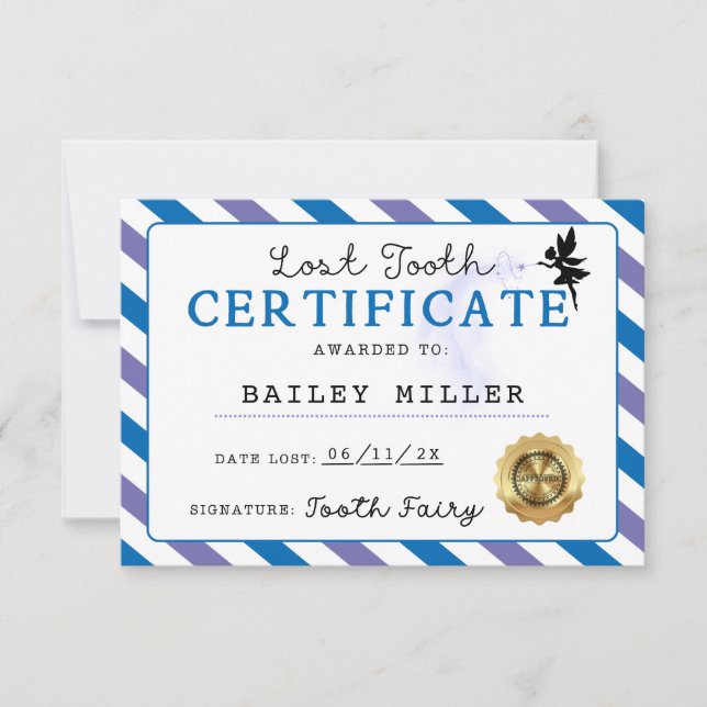 Tooth Fairy Lost Tooth Certification Printable  Invitation (Front)