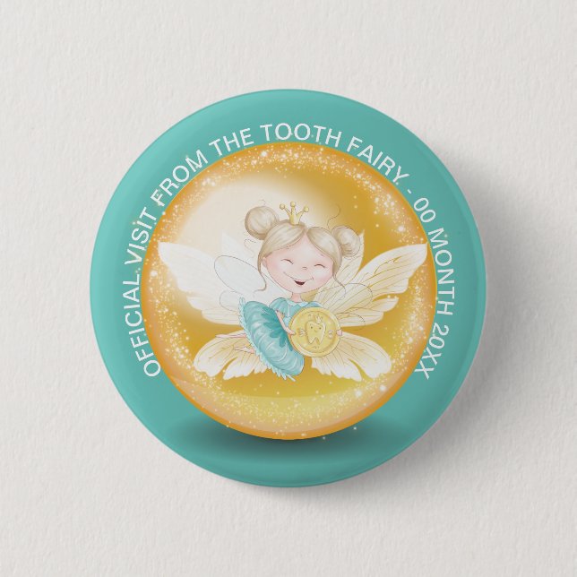 Tooth fairy princess with gold coin shimmer teal 6 cm round badge (Front)
