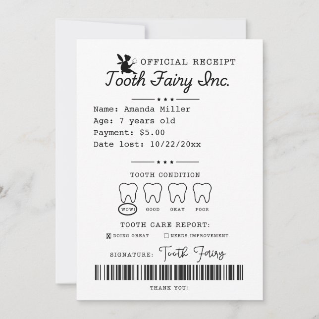 Tooth Fairy Receipt Printable Invitation (Front)