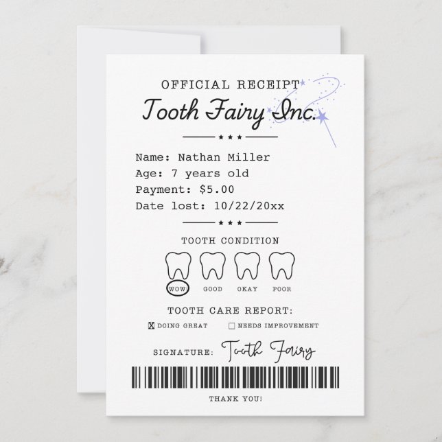 Tooth Fairy Receipt Printable Invitation (Front)