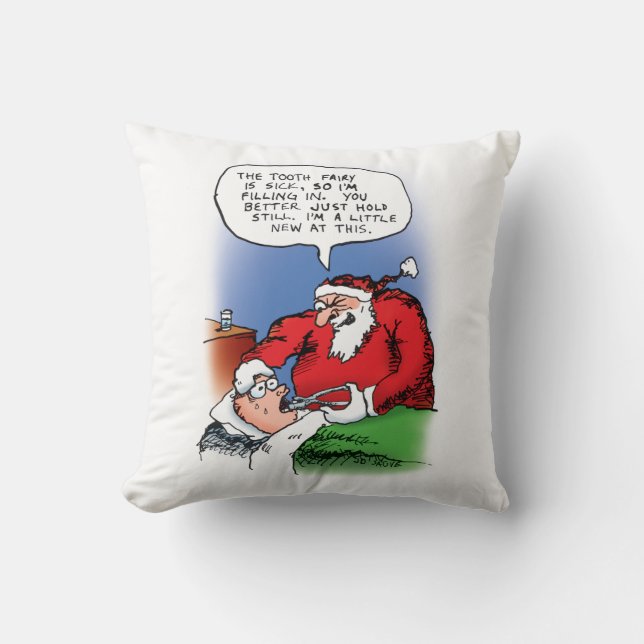 Tooth Fairy Santa Funny Christmas Cartoon Cushion (Front)