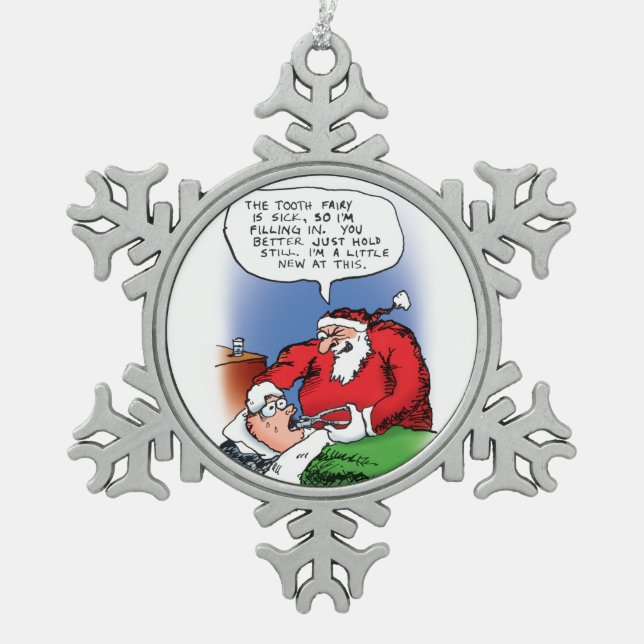 Tooth Fairy Santa Funny Christmas Cartoon Snowflake Pewter Christmas Ornament (Front)