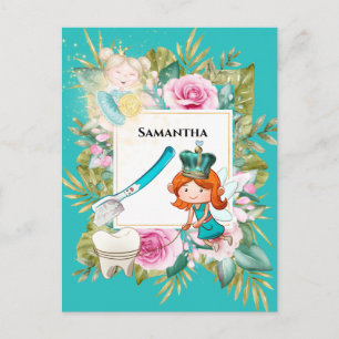 Tooth fairy toothbrush gold coin rose frame postcard