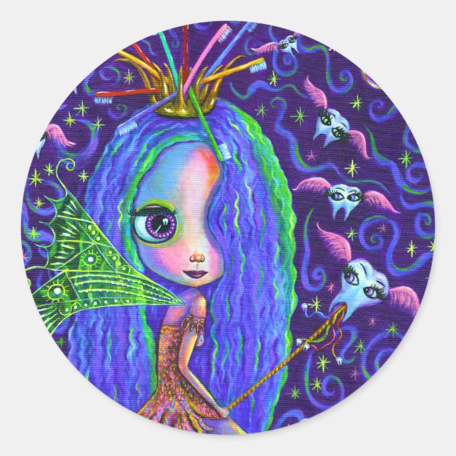 Tooth Fairy with Toothbrush Crown & Winged Teeth Classic Round Sticker (Front)