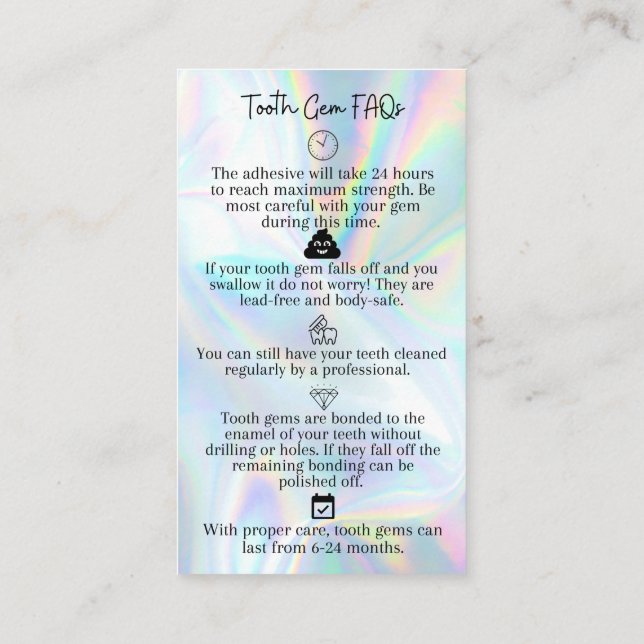 Tooth Gem Aftercare Instruction Card (Back)