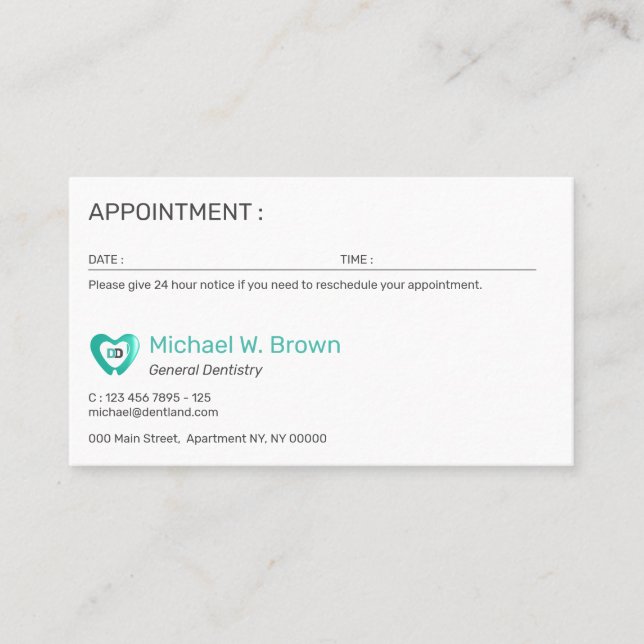 Tooth Heart Dentist Dental Appointment Card (Front)