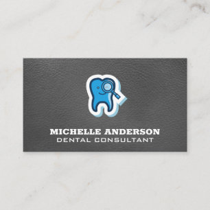 Tooth Magnifying Glass Icon   Leather Texture Business Card