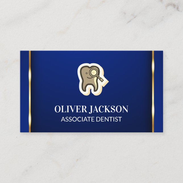 Tooth Magnifying Icon | Gold Trim Blue Background Business Card (Front)