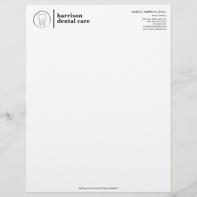 Tooth Sketch Logo Black/White Dentist Custom Letterhead (Front)