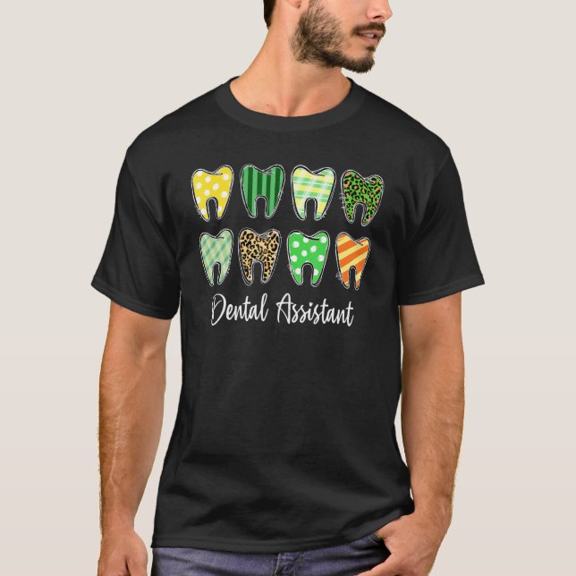 Tooth Teeth Leopard Plaid Dental Assistant St Patr T-Shirt (Front)