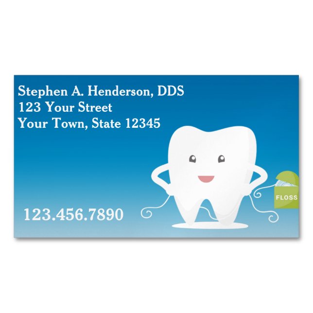 Tooth with Floss, Dentist Magnetic Business Card (Front)