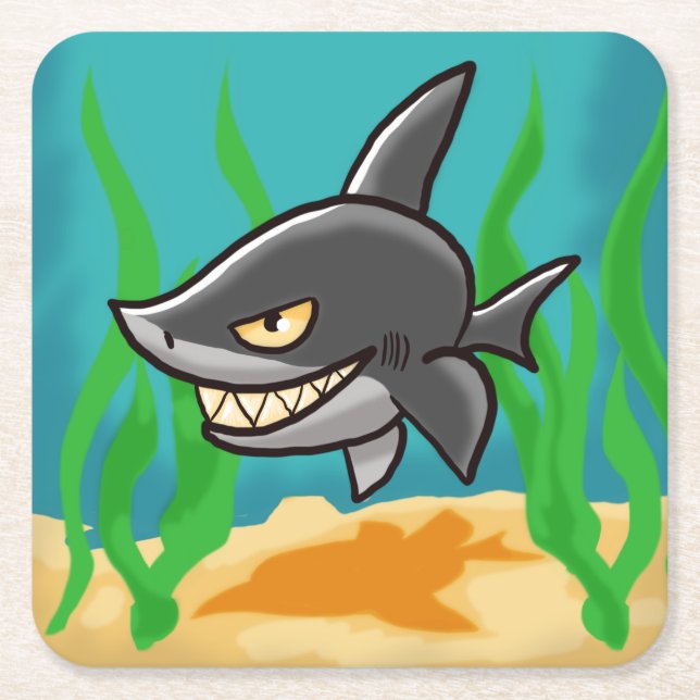 Toothy Cartoon Shark Square Paper Coaster (Front)