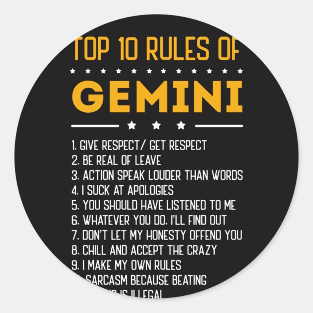Top 10 Rules Of Gemini May 21 June 21 Zodiac Classic Round Sticker (Front)