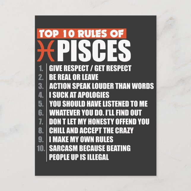 Top 10 Rules of Pisces zodiac gift horoscope Postcard (Front)