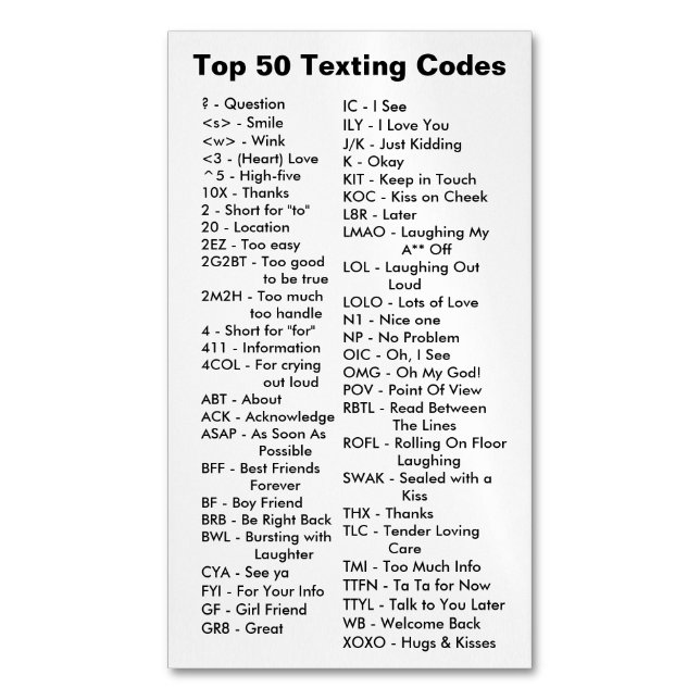 Top 50 Texting Codes Magnet Card (Front Vertical)