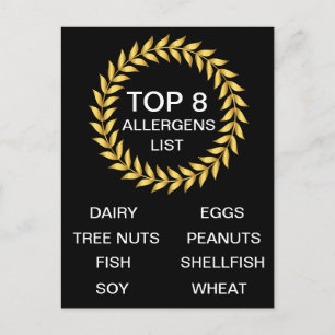 Top 8 Allergens List Food Allergy Awareness Postcard