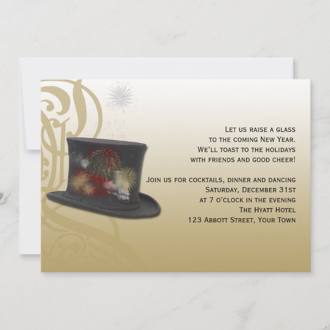 Top Hat and Fireworks New Years Eve Party Invitation (Front)