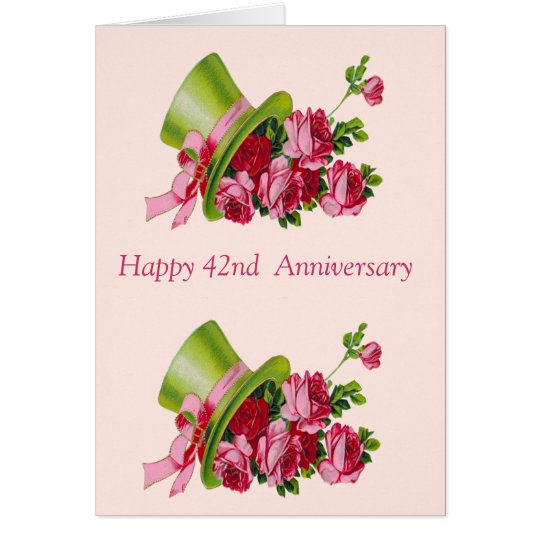 Top hat and flowers, Happy 42nd Anniversary Card