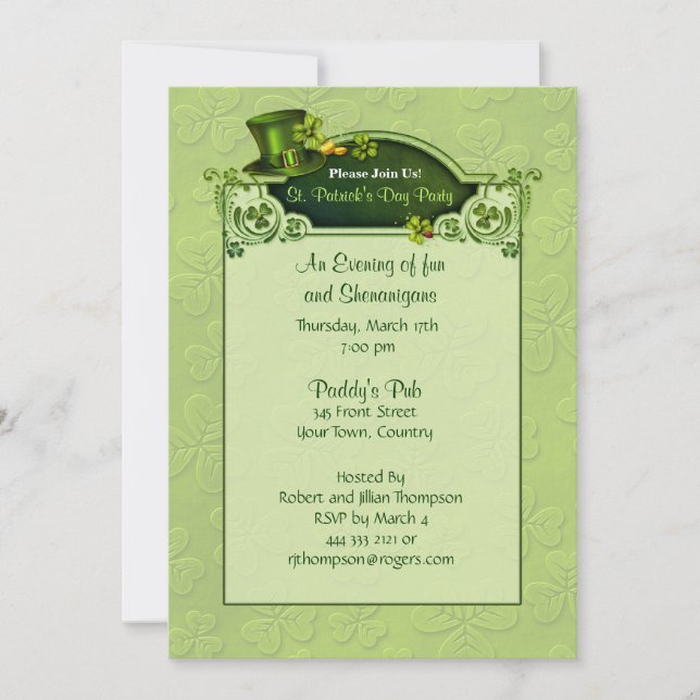 Top Hat and Shamrocks Invitation - Customise (Front)
