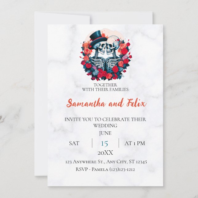 Top Hat Skeleton Floral Circle Marble Invitation (Front)