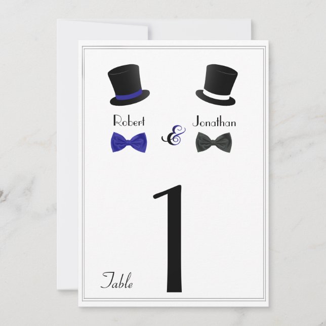 Top Hats and Bow Tie Blue Gay Wedding Table Number (Front)