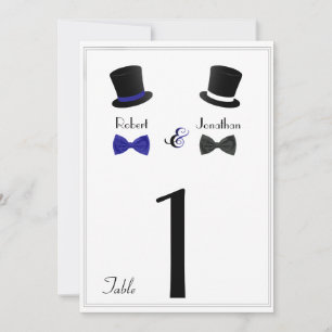 Top Hats and Bow Tie Blue Gay Wedding Table Number