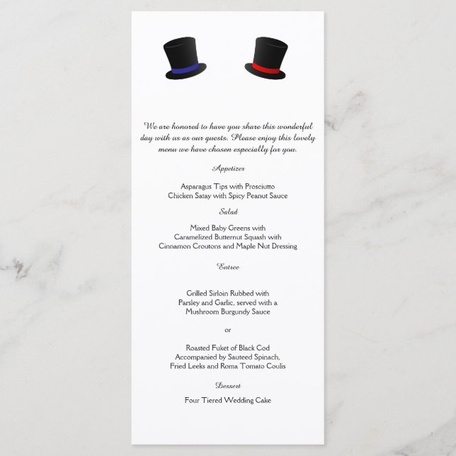 Top Hats and Bow Ties Gay Wedding Menu (Front)
