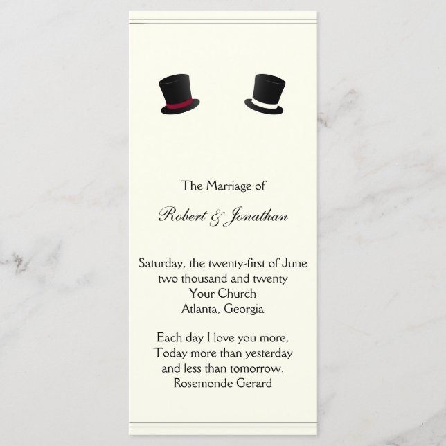 Top Hats and Bow Ties Gay Wedding Program Programme (Front)