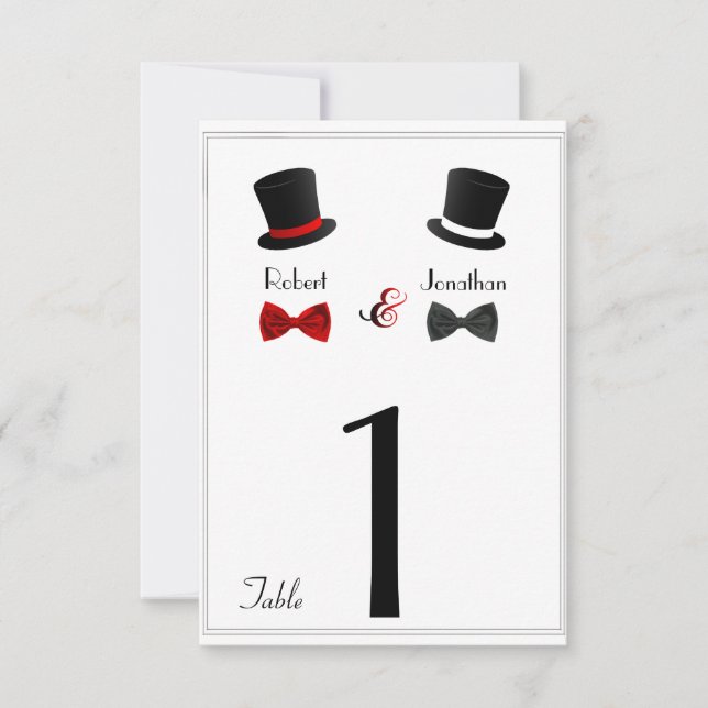 Top Hats and Bow Ties Gay Wedding Table Number (Front)