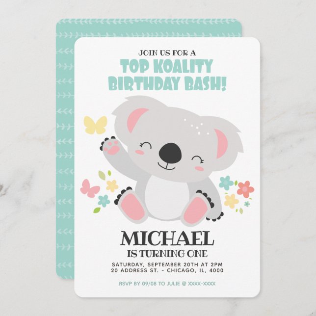 Top Koality Baby Koala Birthday Invitation (Front/Back)