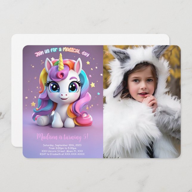 Top Rainbow Unicorn Birthday Invitation (Front/Back)