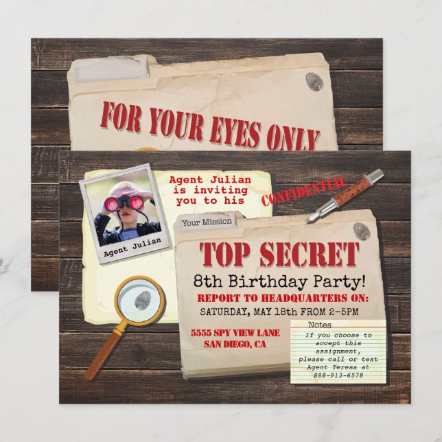 Top secret agent Spy Birthday Party Invitation (Front/Back)