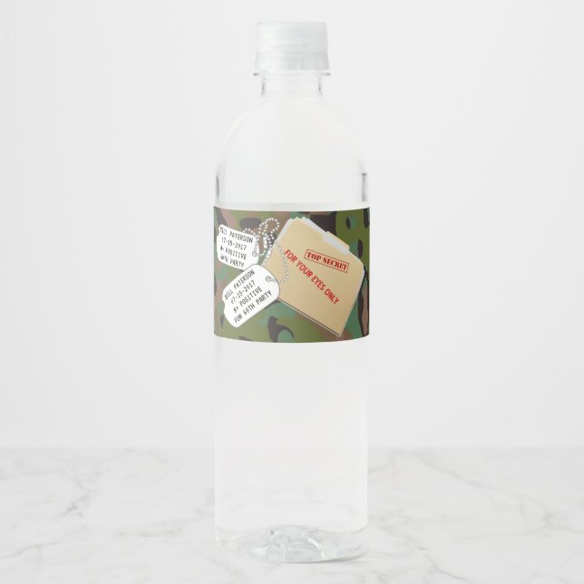 Top Secret GI Soldier Camouflage Party  Water Bottle Label (Front)