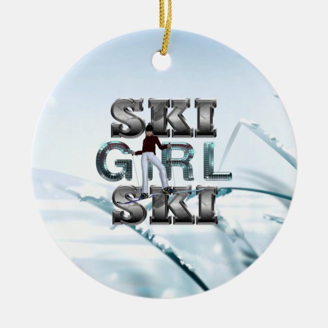 TOP Ski Girl Ski Ceramic Tree Decoration (Front)