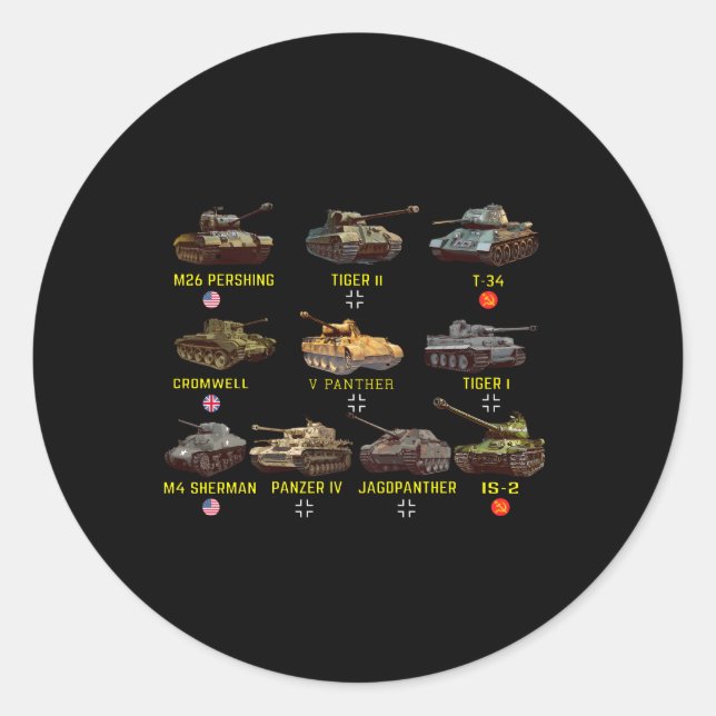 Top Ten Best Ww2 Tanks Panzer Iv Tiger Ii T-34 Classic Round Sticker (Front)