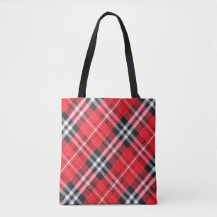 Top view of tartan cloth pattern on the table in r tote bag