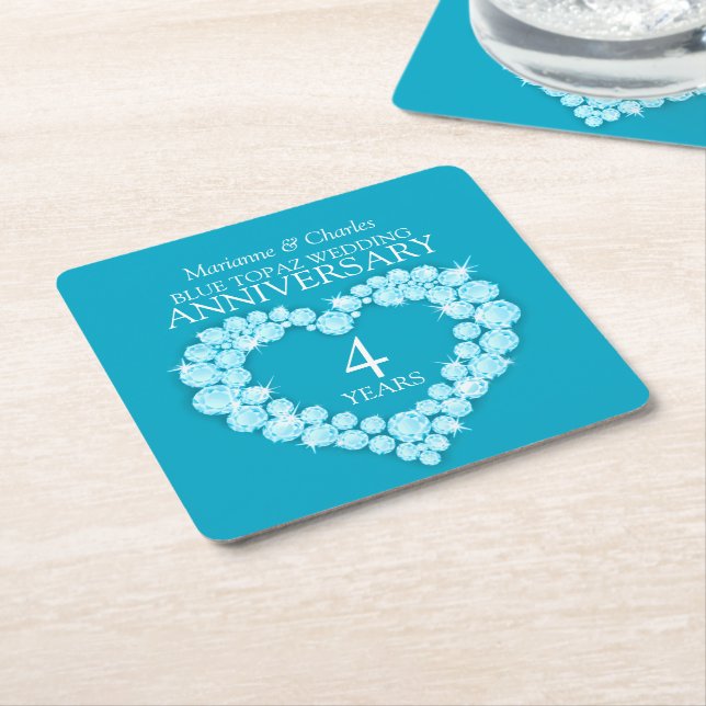 Topaz 4th wedding anniversary heart blue coasters (Angled)