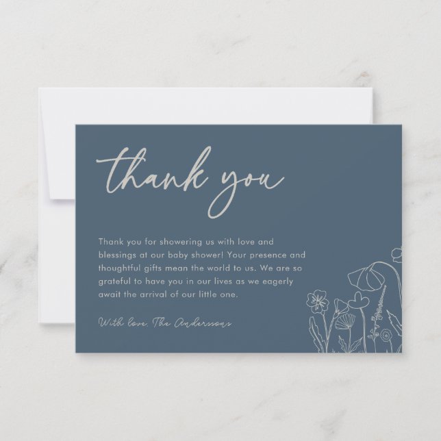 Topaz Blue Wildflower Line Art Baby Shower  Thank You Card (Front)