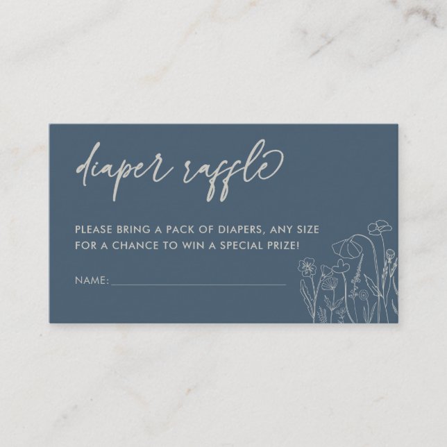 Topaz Blue Wildflower Line Art Diaper Raffle Enclosure Card (Front)