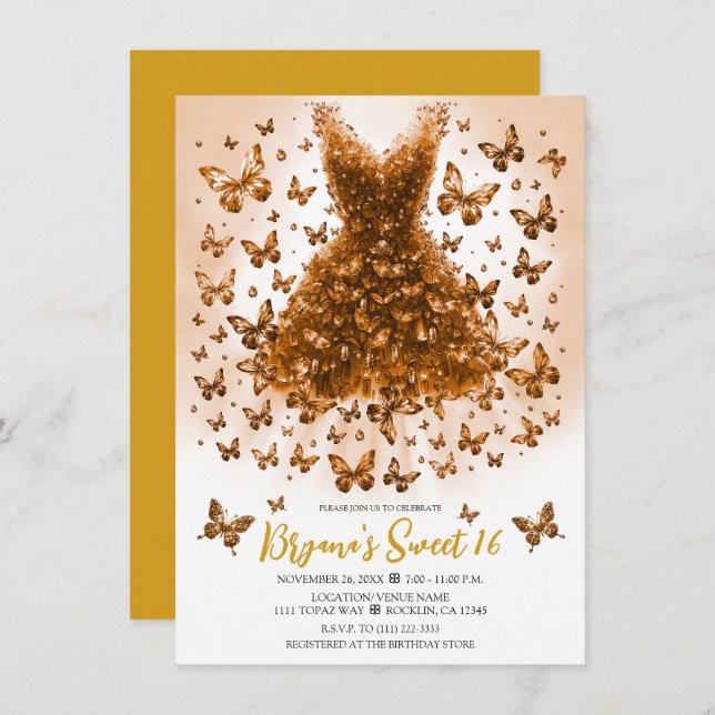 Topaz Crystal Butterfly Dress November Birthstone Invitation (Front/Back)