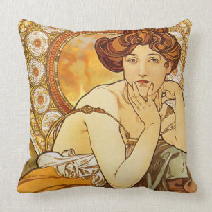 Topaz Gems Series, Alphonse Mucha Art Nouveau Cushion