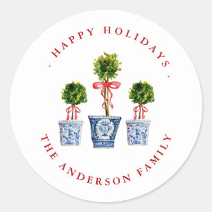 Topiaries with Red Bow Holiday Label / Seal